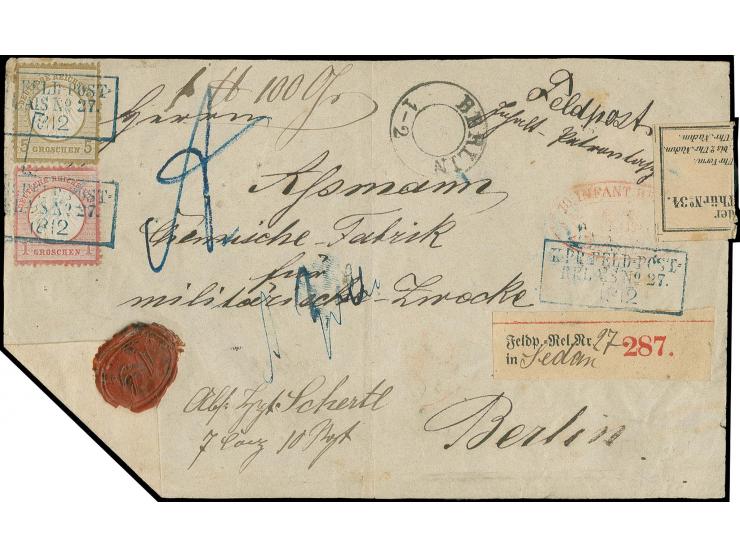 1 Gr. karmin und 5 Gr. ockerbraun mit blauem Preußen-Ra3 "K:PR:FELD=POST= / RELAIS No. 27. / 1312" auf Paketbegleitbrief in 