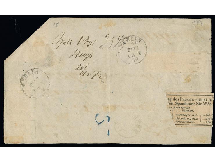  1 Gr. karmin und 5 Gr. ockerbraun mit blauem Preußen-Ra3 "K:PR:FELD=POST= / RELAIS No. 27. / 1312" auf Paketbegleitbrief in 