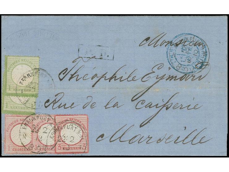  1 Gr. rötlichkarmin (2), 1 Kr. gelblichgrün (2) und 3 Kr. karmin mit EKr. "FRANKFURT A.M. 22/2 72" auf Faltbrief nach Marsei