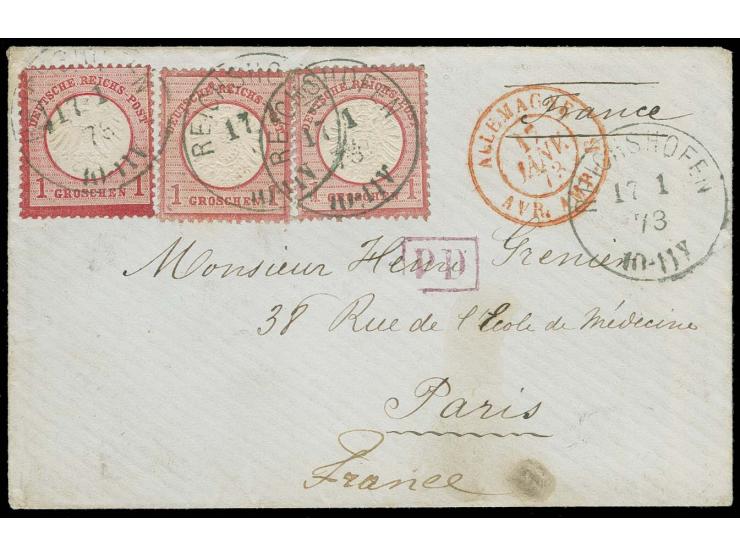 1 Gr. karmin und Großer Schild 1 Gr. rötlichkarmin (2) mit EKr. "REICHSHOFEN 17 1 73" auf kleinem Brief nach Paris, Umschlag 