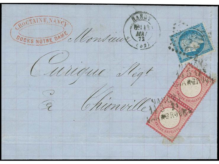  1 Gr. karmin im senkrechten Paar mit Bahnpoststreckenstempel-L3 "NANCY / 14 5 II / SAARBRÜCKEN" und Frankreich 1871, Ceres 2
