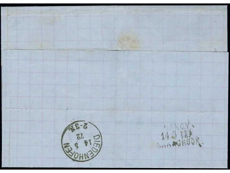  1 Gr. karmin im senkrechten Paar mit Bahnpoststreckenstempel-L3 "NANCY / 14 5 II / SAARBRÜCKEN" und Frankreich 1871, Ceres 2