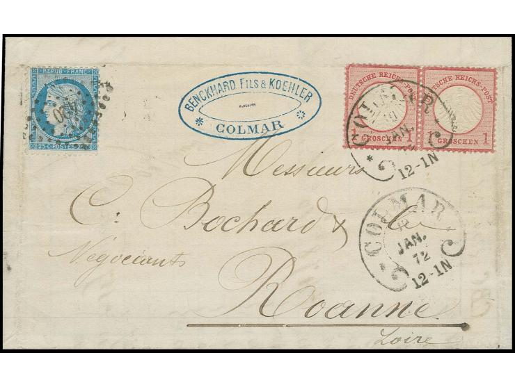  1 Gr. rötlichkarmin im waagerechten Paar mit Hufeisenstempel "COLMAR 19 JAN. 72" (Spalink-Nr. 5-1) und Frankreich 1871, Cere