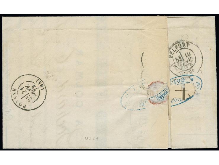  1 Gr. rötlichkarmin im waagerechten Paar mit Hufeisenstempel "COLMAR 19 JAN. 72" (Spalink-Nr. 5-1) und Frankreich 1871, Cere