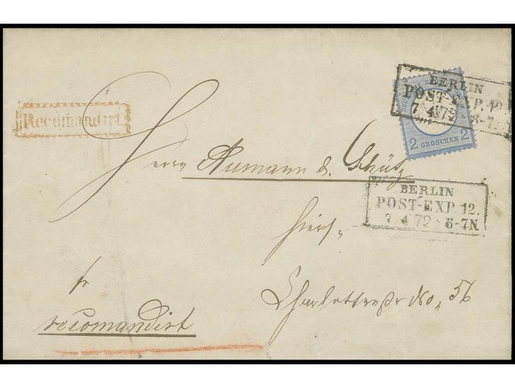 2 Gr. grauultramarin mit Preußen-Ra3 "BERLIN / POST-EXP. 12. / 7 4 72" als Einzelfrankatur auf Orts-Reco-Brief, selten, Prach