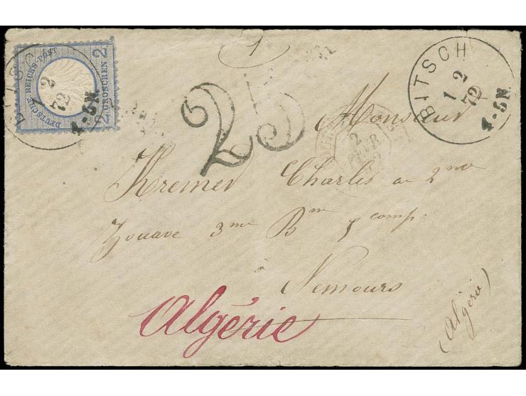  2 Gr. grauultramarin mit EKr. "BITSCH 1 2 72" in Doppelfrankatur mit französischem Taxstempel "25" auf Brief an einen Militä