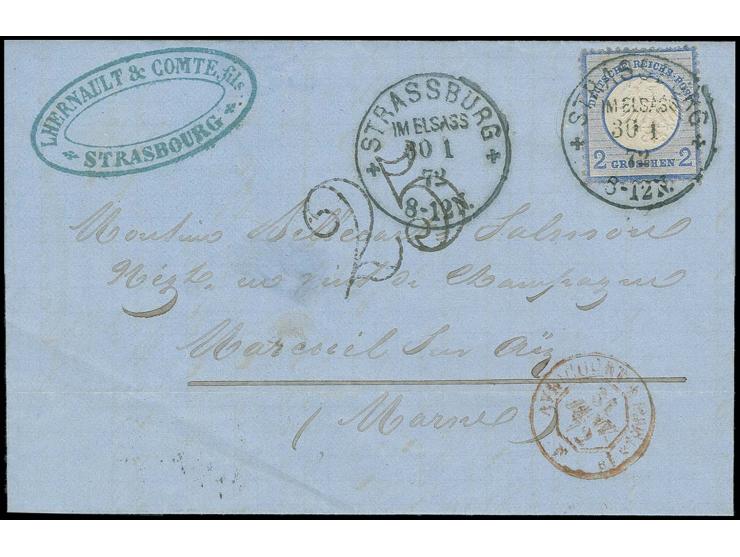  2 Gr. grauultramarin mit EKr. "STRASSBURG IM ELSASS 30 1 72" auf Doppelfrankaturbrief mit Taxstempel "25" nach Frankreich mi