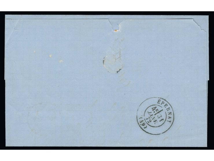  2 Gr. grauultramarin mit EKr. "STRASSBURG IM ELSASS 30 1 72" auf Doppelfrankaturbrief mit Taxstempel "25" nach Frankreich mi