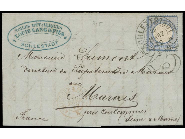 2 Gr. grauultramarin mit Hufeisenstempel "SCHLETTSTADT 25 MÄRZ 72" (Spalink-Nr. 33) und französischer Taxziffer "25" Faltbrie