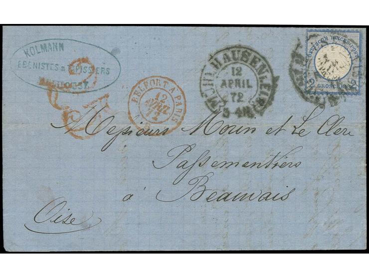  2 Gr. grauultramarin mit Hufeisenstempel "MÜHLHAUSEN i. ELS. 12 APRIL 72" (Spalink-Nr. 26-2) und roter Taxstempel "25" auf D