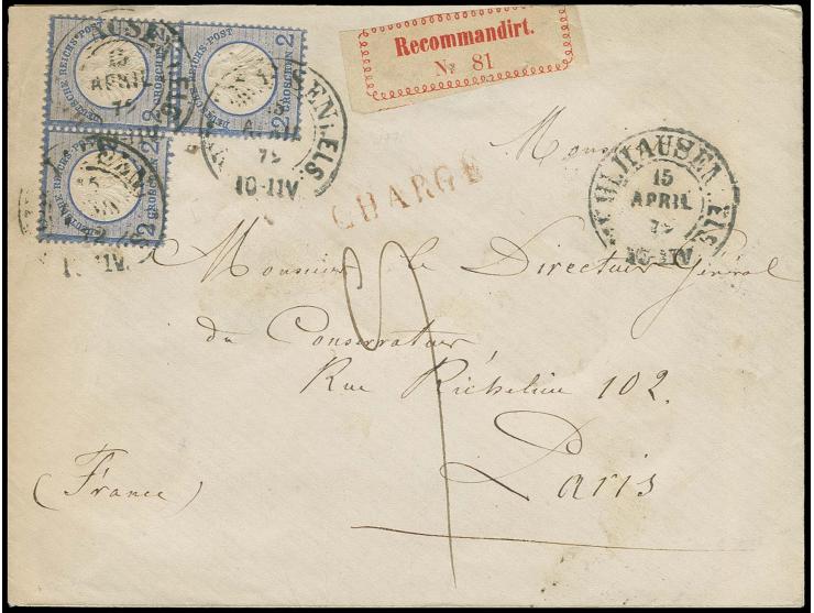  2 Gr. grauultramarin im 3er-Block mit Hufeisenstempel "MÜHLHAUSEN ELS. 15 APRIL 72" (Spalink-Nr. 26-2) auf eingeschriebenem 