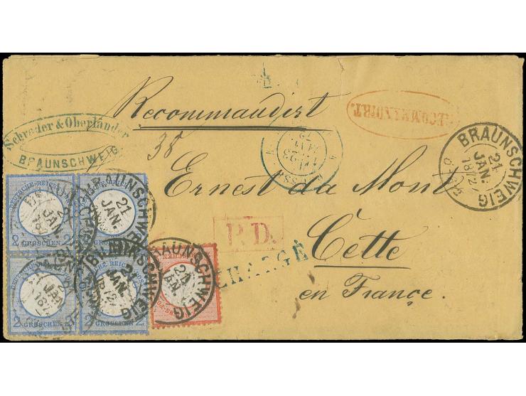  2 Gr. grauultramarin im 4er-Block und ½ Gr. rötlichorange mit Braunschweig-DKr. "BRAUNSCHWEIG 21 JAN. 1872" auf fünffach ges