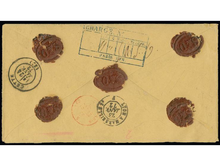  2 Gr. grauultramarin im 4er-Block und ½ Gr. rötlichorange mit Braunschweig-DKr. "BRAUNSCHWEIG 21 JAN. 1872" auf fünffach ges