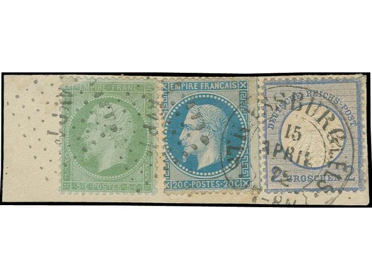 2 Gr. grauultramarin mit Hufeisenstempel "STRASSBURG i. ELS 15 APRIL 72" (Spalink-Nr. 36-1) in Doppelfrankatur mit Frankreic
