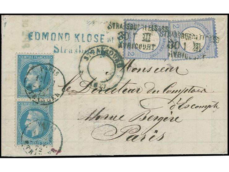  2 Gr. grauultramarin (2) mit Bahnpoststreckenstempel-L3 "STRASSBURG i. ELSASS / 30 1 III / AVRICOURT" mit nebengesetztem fra