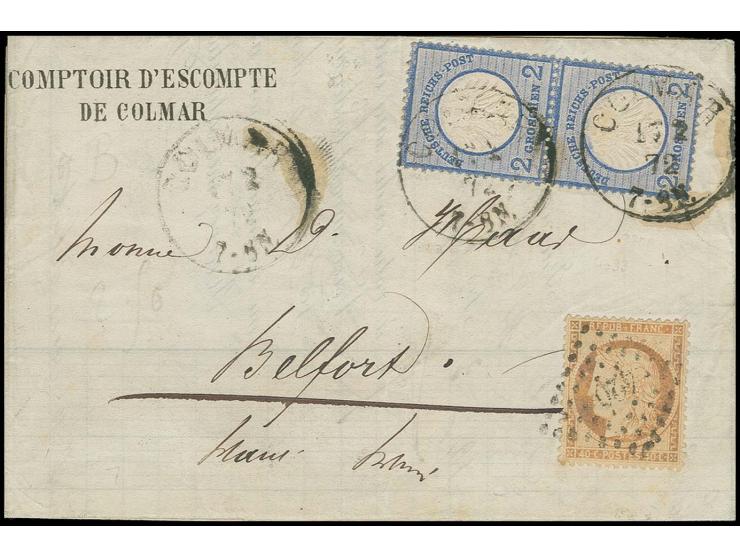  2 Gr. grauultramarin im senkrechten Paar mit EKr. "COLMAR 17 2 72" und Frankreich 1870, Ceres 40 C. orange mit PC "420" (lei
