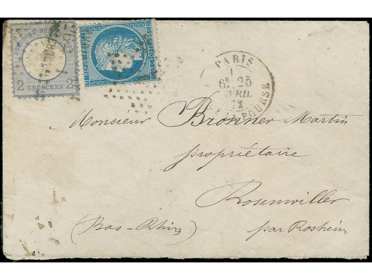  2 Gr. grauultramarin mit Bahnpoststreckenstempel "AVRICOURT / 26 4 I / STRASSBURG I. ELS." und Frankreich 1871, Ceres 25 C. 