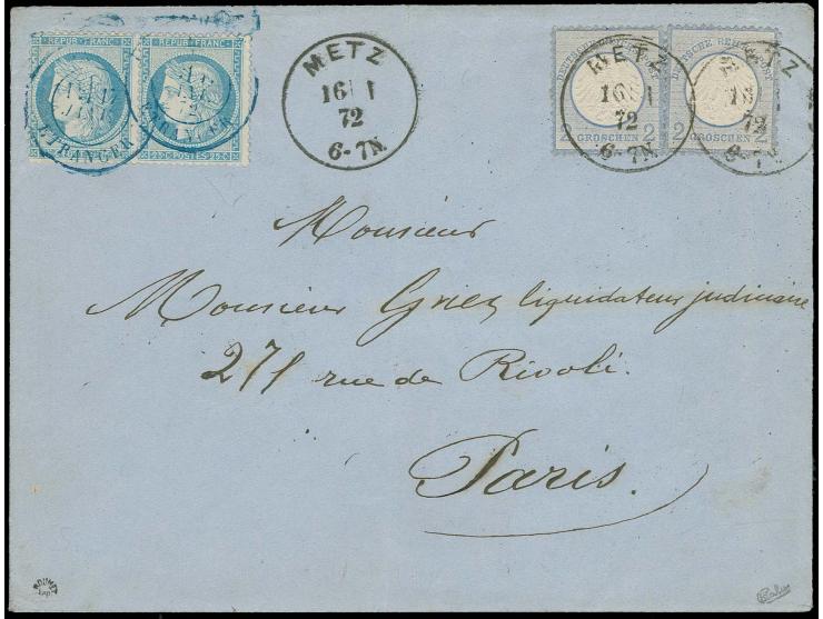  2 Gr. grauultramarin (2) mit EKr. "METZ 16/1 72" und Frankreich 1871, Ceres 25 C. blau im waagerechten Paar mit blauem DKr. 