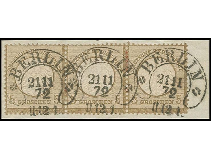 5 Gr. ockerbraun im waagerechten 3er-Streifen mit Hufeisenstempel "BERLIN 21 11 72" (Spalink-Nr. 1N4a) auf Briefstück, Luxus,