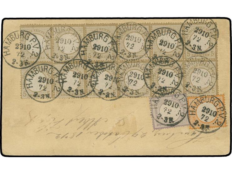 5 Gr. ockerbraun, waagerechter 8er-Block und 4er-Block als 12er-Block geklebt und ¼ Gr. grauviolett und Großer Schild ½ Gr. o