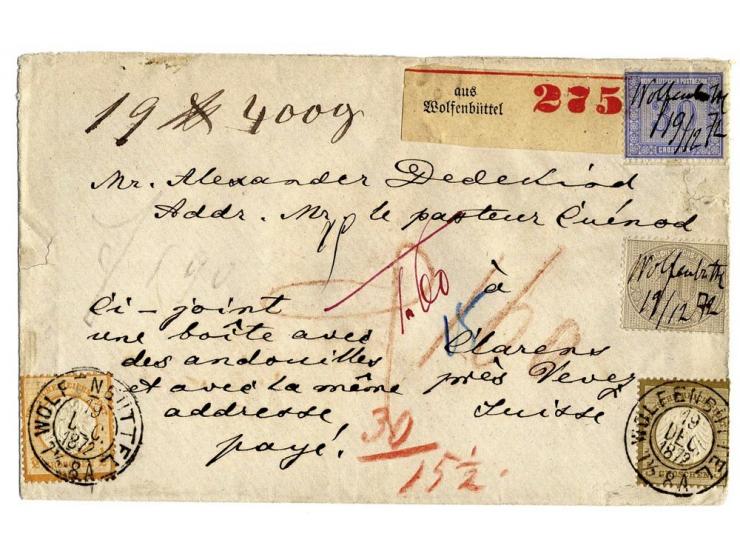 5 Gr. ockerbraun und Großer Schild ½ Gr. orange mit Braunschweig-DKr. "WOLFENBÜTTEL 19 DEC. 1872" in Mischfrankatur mit Ziffe