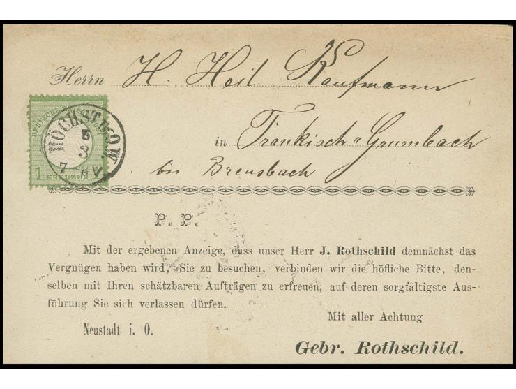 1 Kr. gelblichgrün mit T&T-EKr. "HÖCHST IM O.W. 5 3" auf Besucher-Ankündigungskarte nach Fränkisch Crumbach mit rückseitigem 