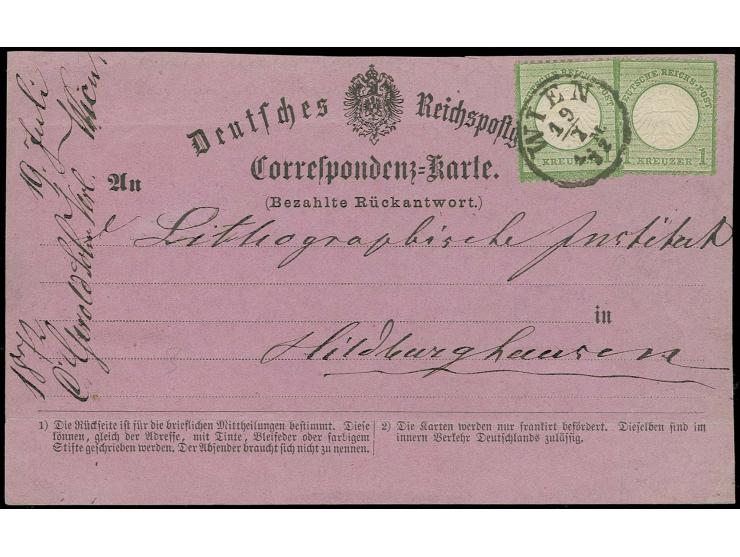 1 Kr. grün, 2 Exemplare mit EKr. "WIEN 19/7 72" auf violetter amtlicher Rückantwortkarte retour nach Hildburghausen (unten un