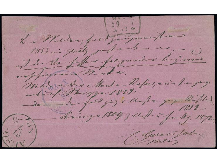 1 Kr. grün, 2 Exemplare mit EKr. "WIEN 19/7 72" auf violetter amtlicher Rückantwortkarte retour nach Hildburghausen (unten un
