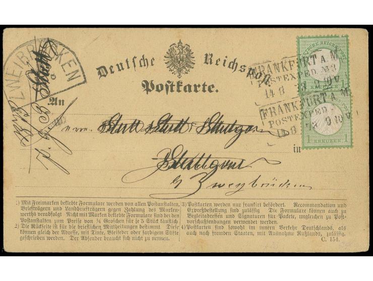 1 Kr. gelblichgrün und Großer Schild 1 Kr. gelblichgrün mit Ra3 "FRANKFURT A.M. / POSTEXPED. No.3 / 14 8 73" auf amtlichen Po
