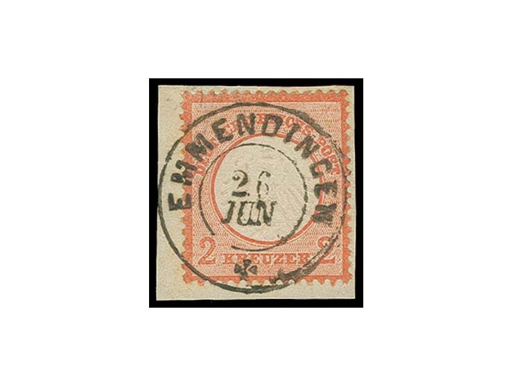 2 Kr. rötlichorange mit Baden-DKr. "EMMENDINGEN 26 JUN" auf Briefstück, Kabinett, Fotoattest Hennies BPP