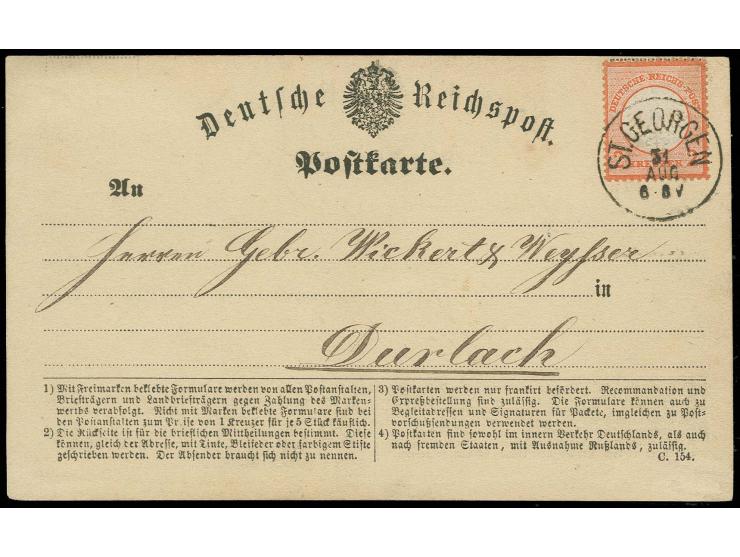 2 Kr. rötlichorange mit Baden-EKr. "ST.GEORGEN 31 AUG" auf amtlichem Postkartenformular nach Durlach mit rückseitigem Baden-R