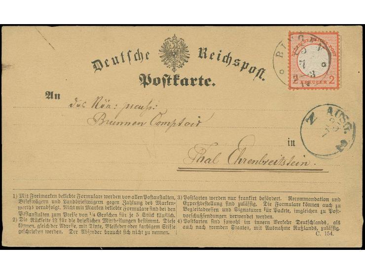  2 Kr. ziegelrot, farbfrisch in guter Erhaltung mit Taxis-EKr. "BINGEN 25 7" (1872) auf Karte an das königlich preußische Bru