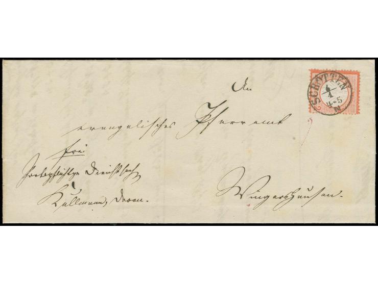 2 Kr. rötlichkarmin mit T&T-EKr. SCHOTTEN 6/4" (1873) auf Dienst-Faltbrief nach Wingershausen im eigenen Landzustellbezirk, e
