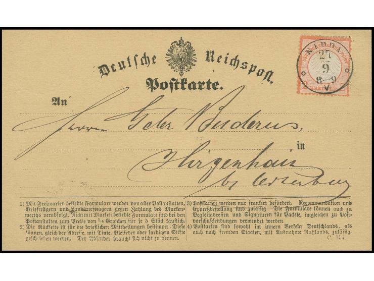 2 Kr. rötlichorange mit zentisch klarem T&T-EKr. "NIDDA 27/9" auf amtlichem Postkartenformular an Buderus in Hirgenhain, Befu