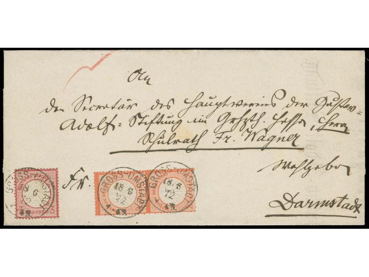 2 Kr. rötlichkarmin im senkrechten Paar und 3 Kr. karmin mit EKr. "GROSS-UMSTADT 18 6 72" auf Faltbrief an den Sekretär des H