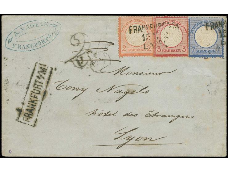  2 Kr. rötlichorange, 3 Kr. karmin und 7 Kr. grauultramarin mit Bahnpoststreckenstempel "FRANKFURT A/M. / 15 3 2 / BASEL" und