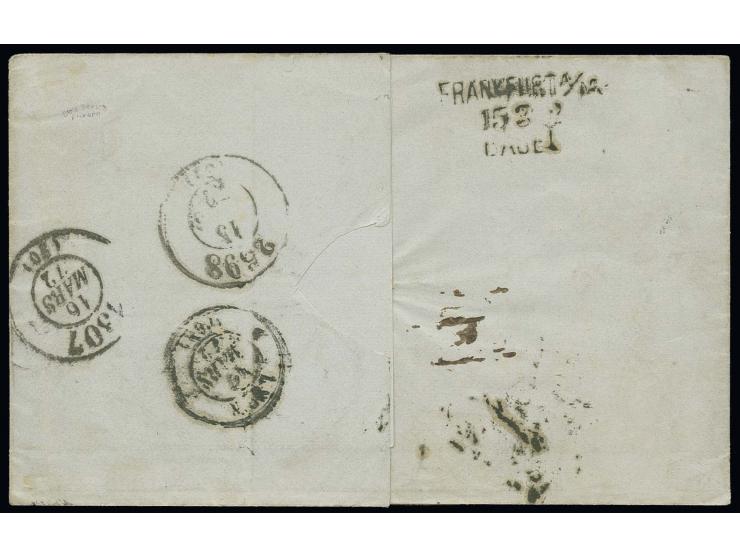  2 Kr. rötlichorange, 3 Kr. karmin und 7 Kr. grauultramarin mit Bahnpoststreckenstempel "FRANKFURT A/M. / 15 3 2 / BASEL" und