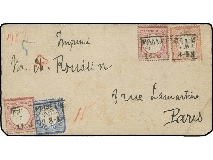  2 Kr. rötlichorange, 3 Kr. karmin (2) und 7 Kr. grauultramarin mit Ra3 "FRANKFURT A.M. / POSTEXPED. No. 3 / 11 3 72" rücksei