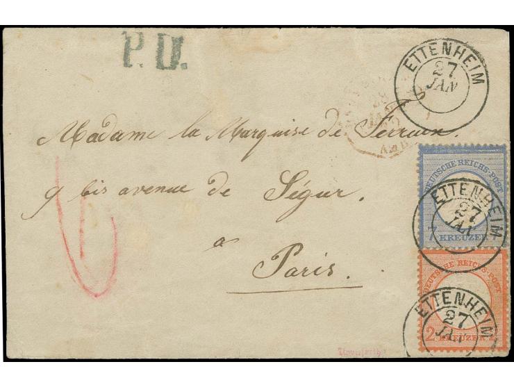  2 Kr. rötlichorange und 7 Kr. grauultramarin mit klarem Baden-DKr. "ETTENHEIM 27 JAN" (1872) auf kleinem Briefumschlag nach 