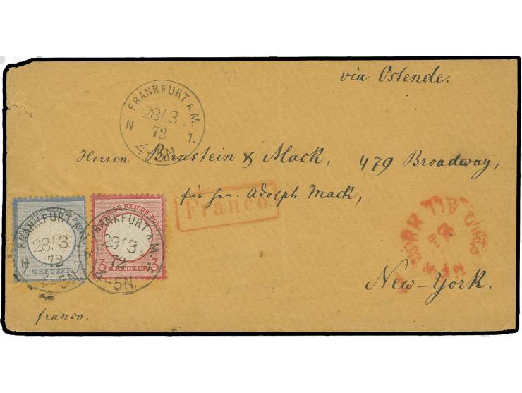 3 Kr. karmin und 7 Kr. grauultramarin mit EKr. "FRANKFURT A.M. 28/3 72" auf Transatlantik-Brief via England nach New York, Pr