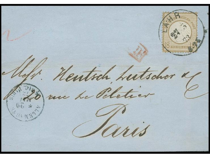 18 Kr. ockerbraun mit EKr. "LAHR 27 5 73" als Einzelfrankatur auf Faltbrief der 2. Gewichtsstufe nach Paris, die Marke war ge
