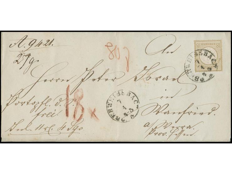 18 Kr. ockerbraun, sehr schön farbfrisch, sehr gut geprägt, gezähnt und zentriert, mit Taxis-EKr. "OBERWEISSBACH 7 1" (1874) 