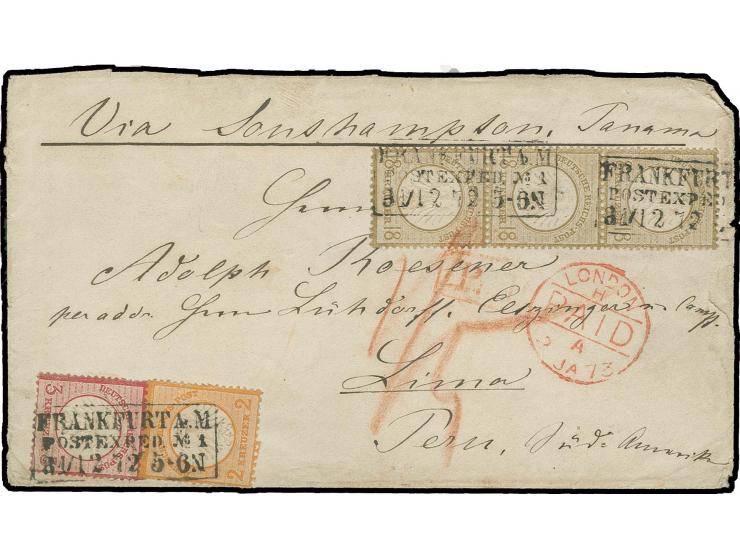 18 Kr. ockerbraun im senkrechten 3er-Streifen, 3 Kr. karmin und 3 Kr. orange mit Ra3 "FRANKFURT A.M. / POSTEXPED. No.1 / 31 1