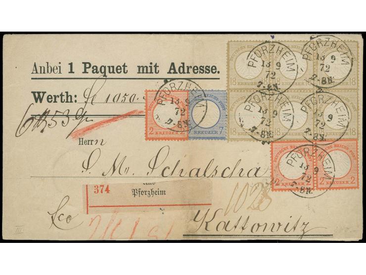 18 Kr. ockerbraun im waagerechten 6er-Block, 7 Kr. grauultramarin und 2 Kr. rötlichorange, Einzelmarke und waagerechtes Paar 