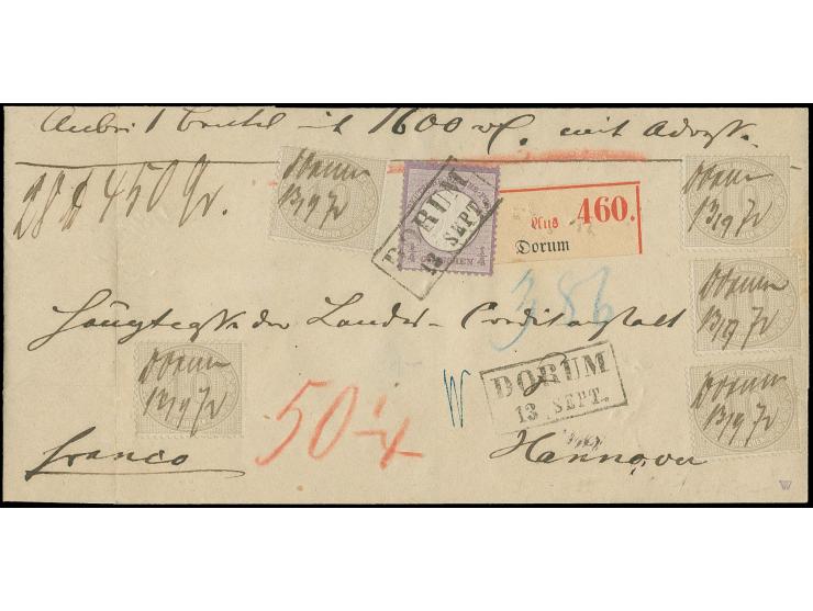 10 Gr. gelblichgrau, 5 Einzelwerte mit handschriftlicher Entwertung "Dorum 13/9 70" zusammen mit Kleiner Schild ¼ Gr. mit sau