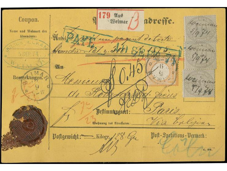  10 Gr. gelblichgrau (3) mit vorschriftsgemäßer handschriftlicher Federzugentwertung "Weimar 5/9 74" und Großer Schild ½ Gr. 