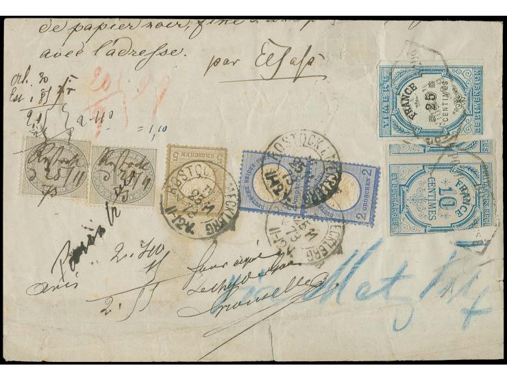  10 Gr. gelblichgrau (2) und Großer Schild 2 Gr. grauultramarin im senkrechten Paar und 5 Gr. ockerbraun mit Ra2 "ROSTOCK i. 