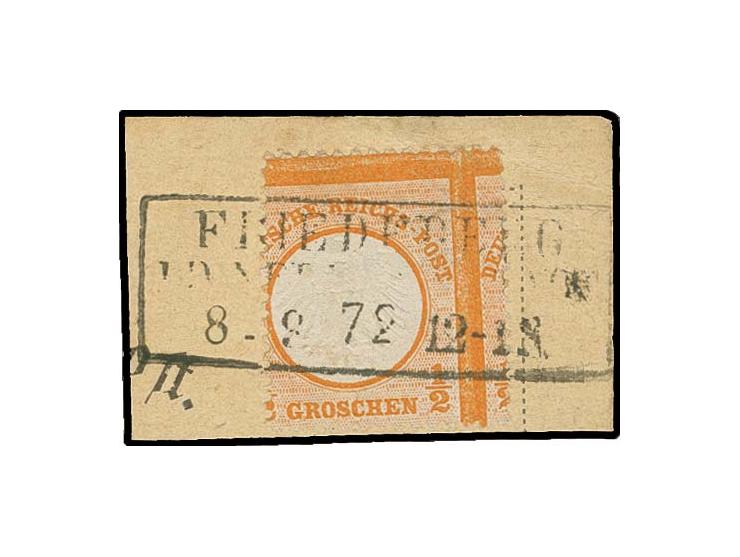 ½ Gr. orange mit vertikal sehr stark versetzter Zähnung (ca. 3,5 mm), mit Preußen-Ra3 "FRIEDEBERG / I.D. NEUMARK STADT / 8 9 