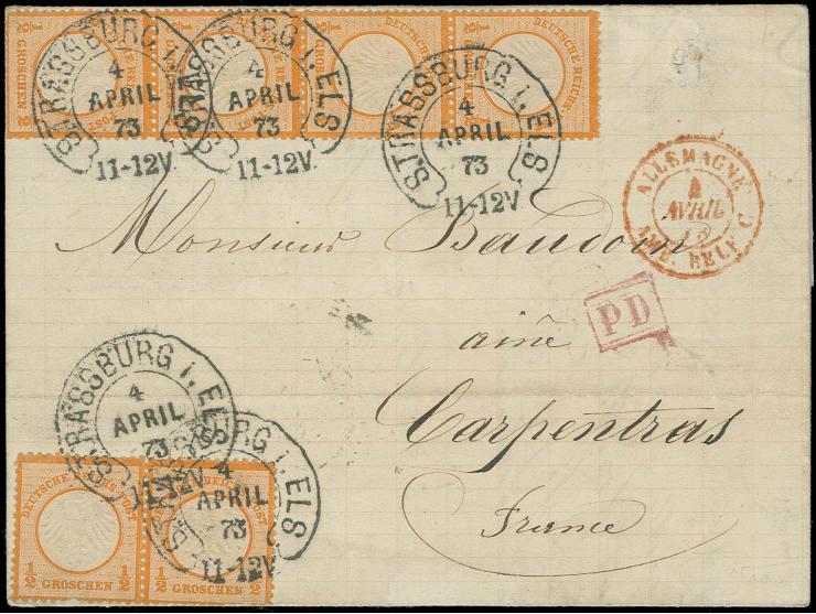  ½ Gr. orange, 2 senkrechte und 1 waagerechtes Paar, mit Hufeisenstempel "STRASSBURG i. ELS 4 APRIL 73" (Spalink-Nr. 36-3) al