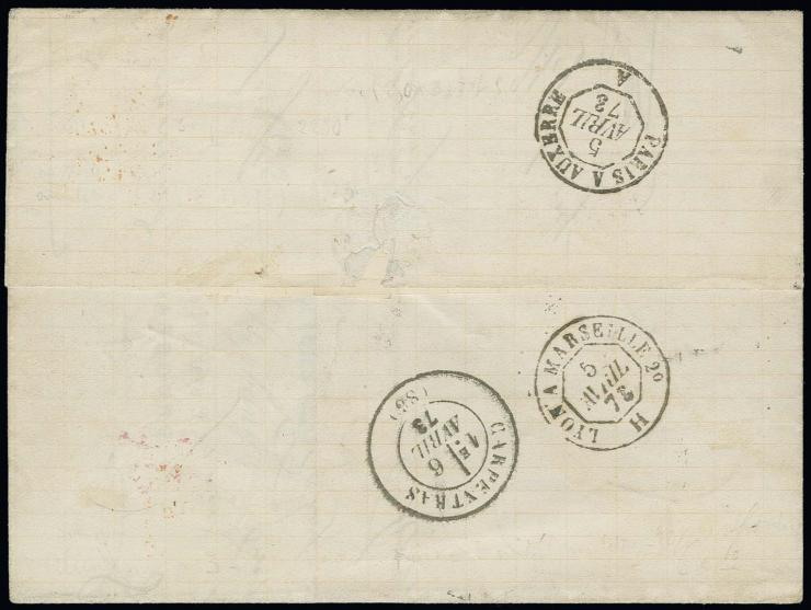  ½ Gr. orange, 2 senkrechte und 1 waagerechtes Paar, mit Hufeisenstempel "STRASSBURG i. ELS 4 APRIL 73" (Spalink-Nr. 36-3) al